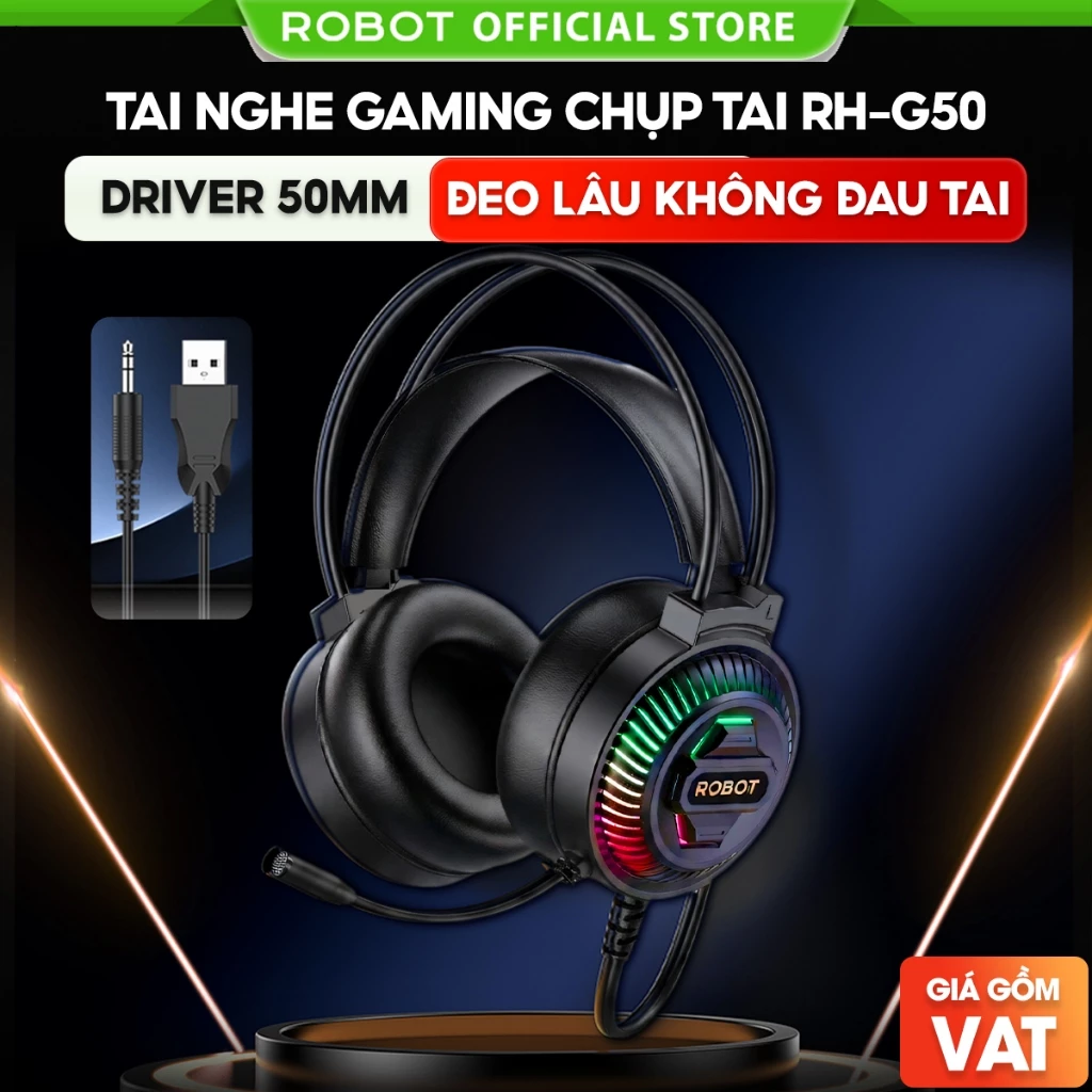 Tai nghe chụp tai gaming có dây RH G50 ROBOT chính hãng không đau tai bảo hành 12 tháng