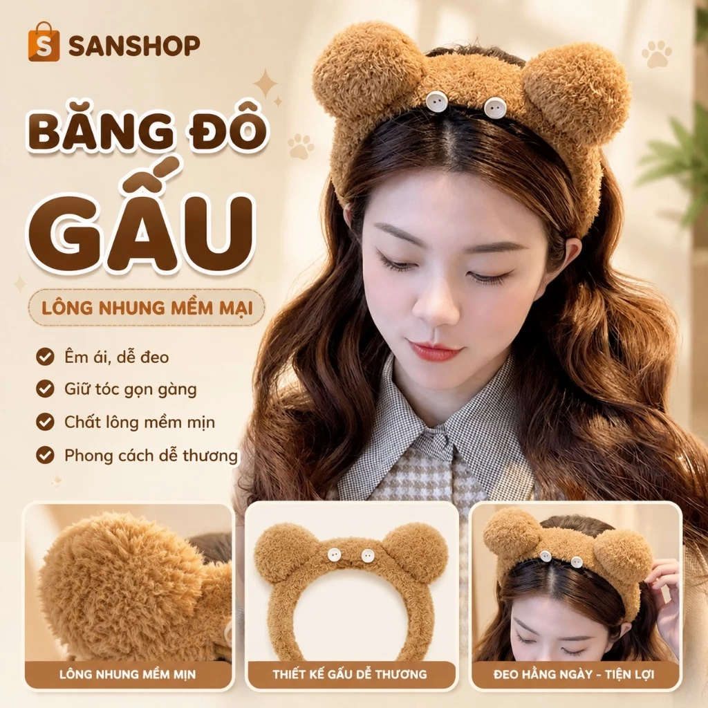 Băng Đô Cài Tóc Hình Gấu Vải Lông Nhung Mềm Mại Dễ Thương Cho Bạn Nữ Sanshop