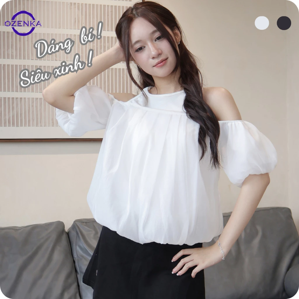 Áo babydoll kiểu bí tay phồng hở vai xinh ozenka , áo hè giấu bụng sang chảnh nhẹ nhàng mặc đi chơi đi du lịch biển
