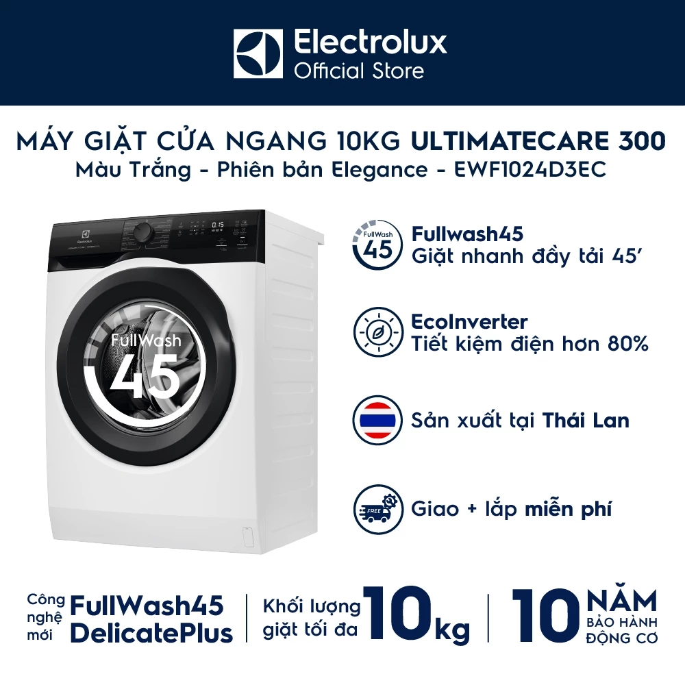 Free giao lắp - Máy giặt cửa ngang Electrolux 10kg UltimateCare 300 trắng - Phiên bản Elegance EWF1024D3EC