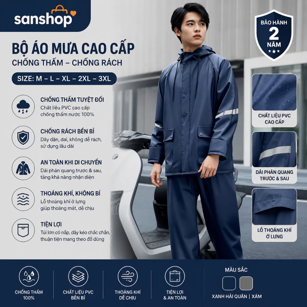 Bộ Áo Mưa Bộ Cao Cấp PVC Chống Thấm Chống Rách Đủ Size Từ M Đến 3XL Sanshop