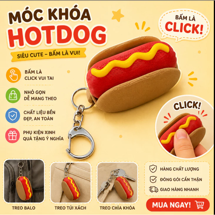 Móc khóa BẤM CLICK HOTDOG XẢ STRESS - Mô hình in 3D
