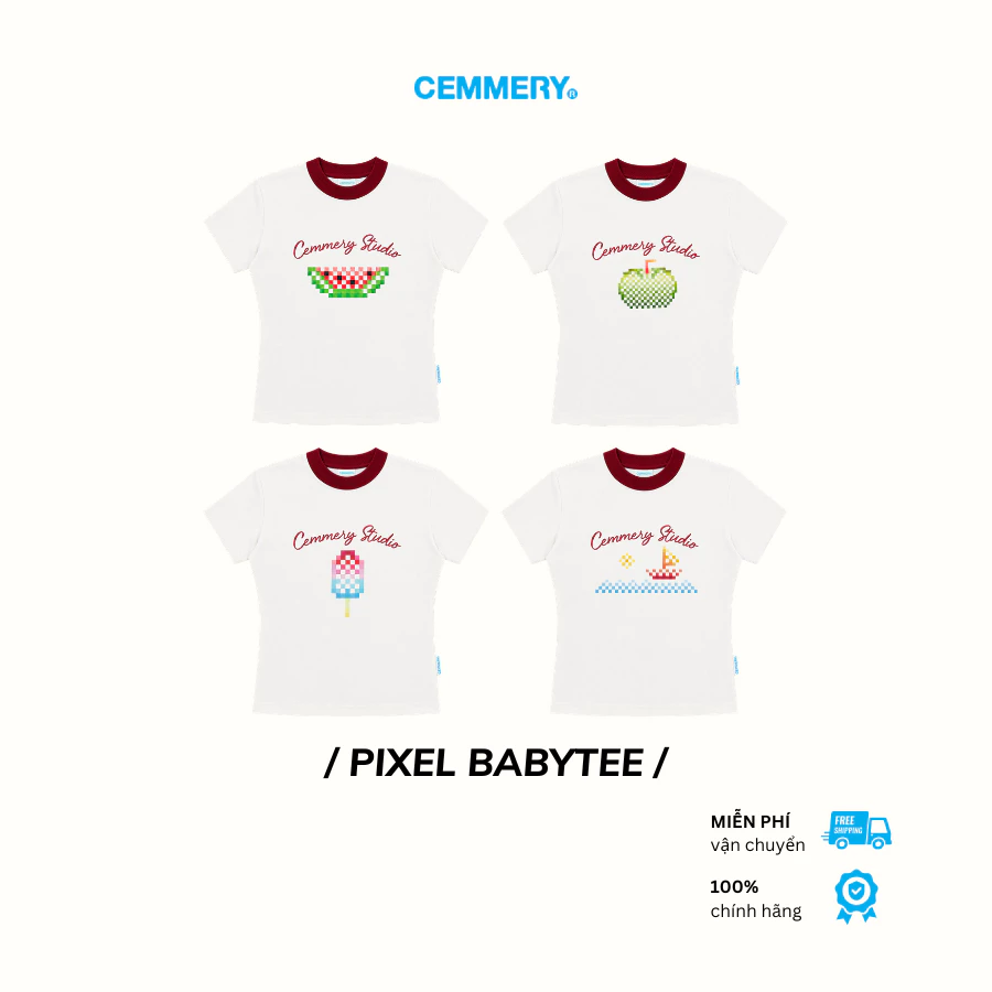 Áo Baby Tee CEMMERY Local Brand Chính Hãng Pixel Baby Tee Cotton 2 Chiều Hình In Cổ Viền Đỏ 4 Hình