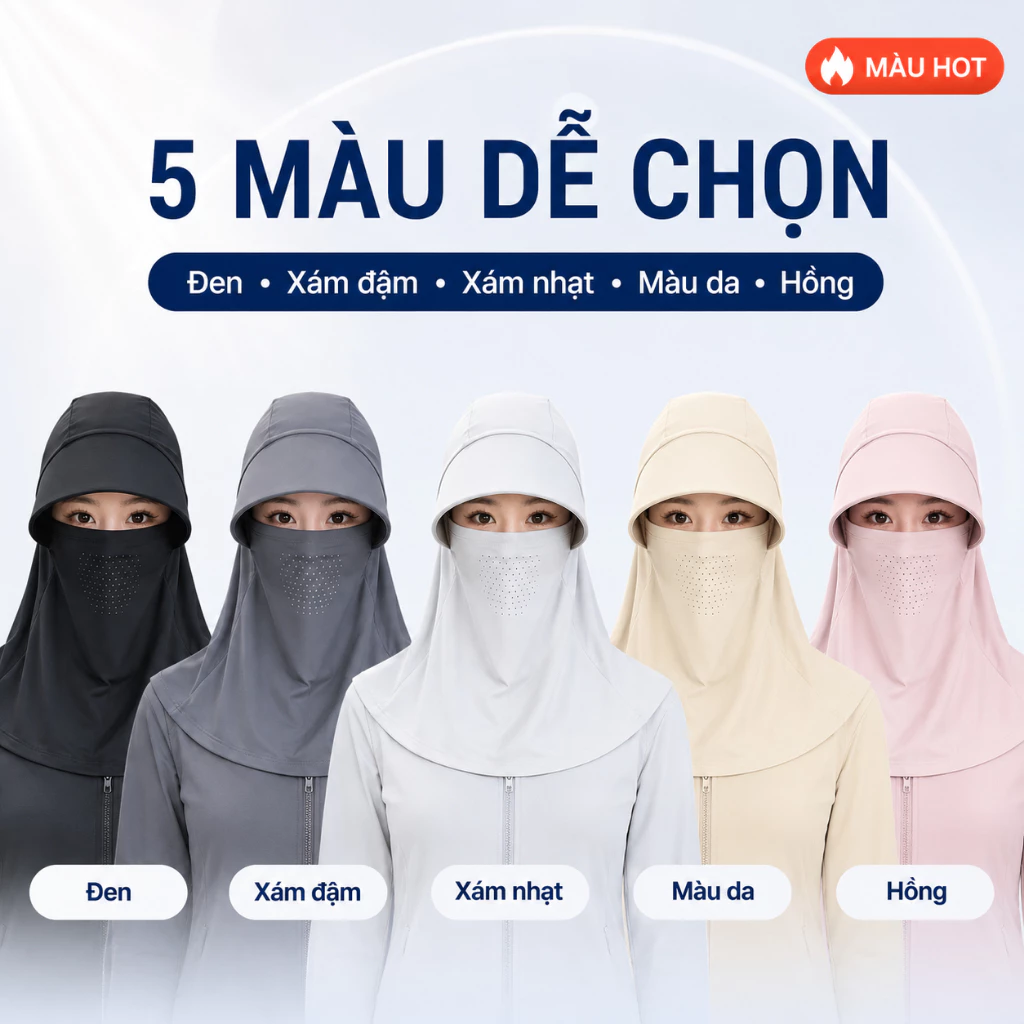 Mũ chống nắng nữ liền khẩu trang UPF50+ vải lạnh thoáng khí, che mặt che cổ chống UV, vành rộng, đi xe máy, 5 màu