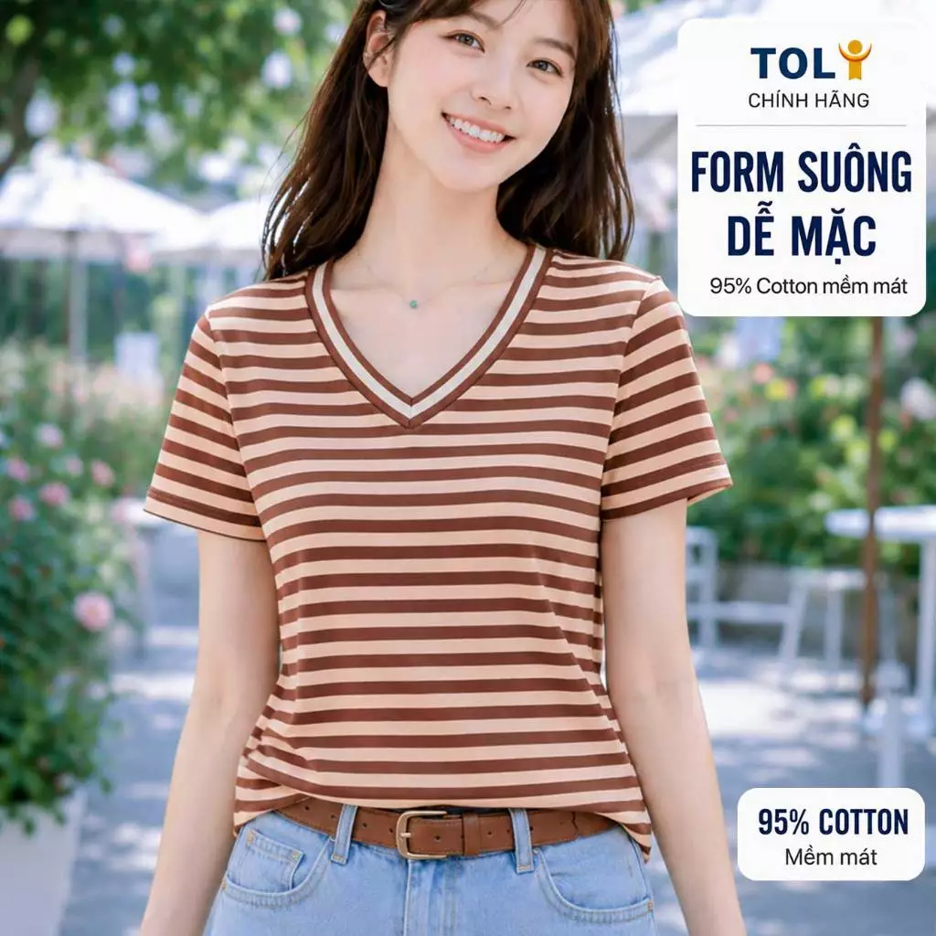 Áo thun nữ sọc ngang cổ tim TOLI BSA30– Cotton mềm, form suông gọn dáng, dễ phối mặc mỗi ngày