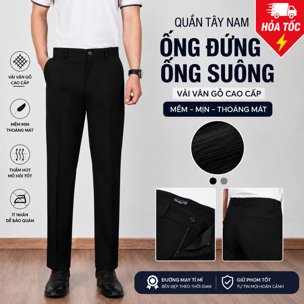 Quần Tây Nam Công Sở Ống Đứng Ống Suông Vải Vân Gỗ Cao Cấp Mềm Mịn Ít Nhăn Giữ Form Đẹp
