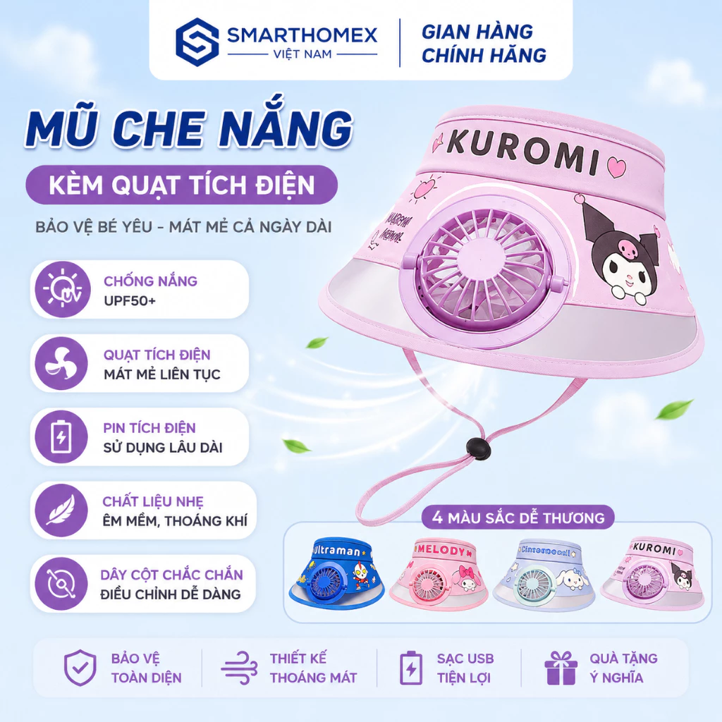 Mũ Nón Chống Nắng Cho Bé, Chống Nắng Thoải Mái, Thiết Kế Kèm Quạt USB 3 Tốc Độ Giúp Bé Thoáng Mát