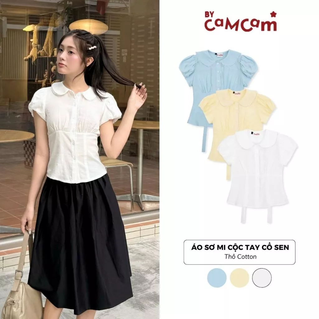 Áo Sơ Mi Cổ Sen Phối Ren Ember Shirt Bycamcam Tay Bí Trong Trẻo Mùa Hè AMN016