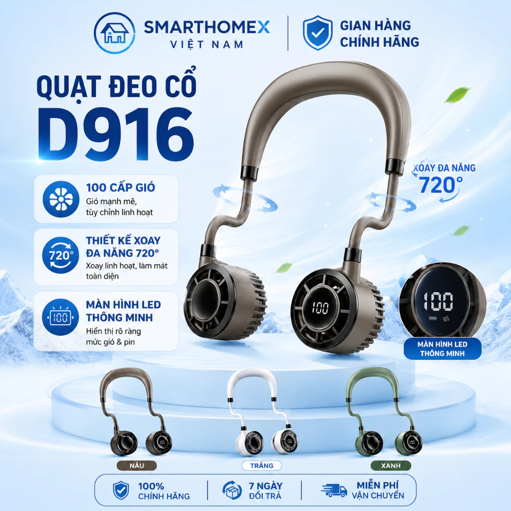 Quạt Đeo Cổ Mini D916 Xoay 360 Độ, 100 Cấp Độ Gió, Pin 1500mAh, Nhẹ Gọn, Sạc USB Tiện Lợi
