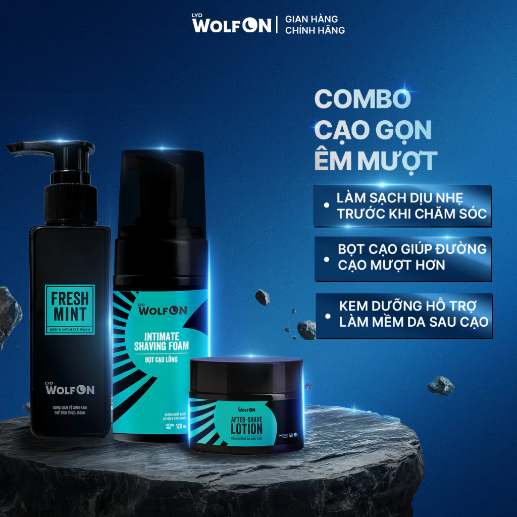 Combo Dung Dịch Nam Giới LYD Wolf On Làm Sạch Khử Mùi 150ml và Bọt Cạo 120ml, Kem Dưỡng 50ml