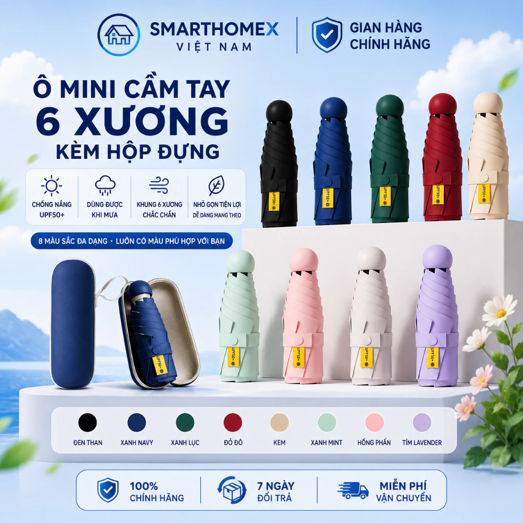 Ô Dù Gấp Gọn Mini Tán Rộng 85cm Bỏ Túi Cao Cấp Chống Tia UV Kèm Hộp Đựng Tiện Lợi, Ô Mini Thời Trang Nhiều Màu
