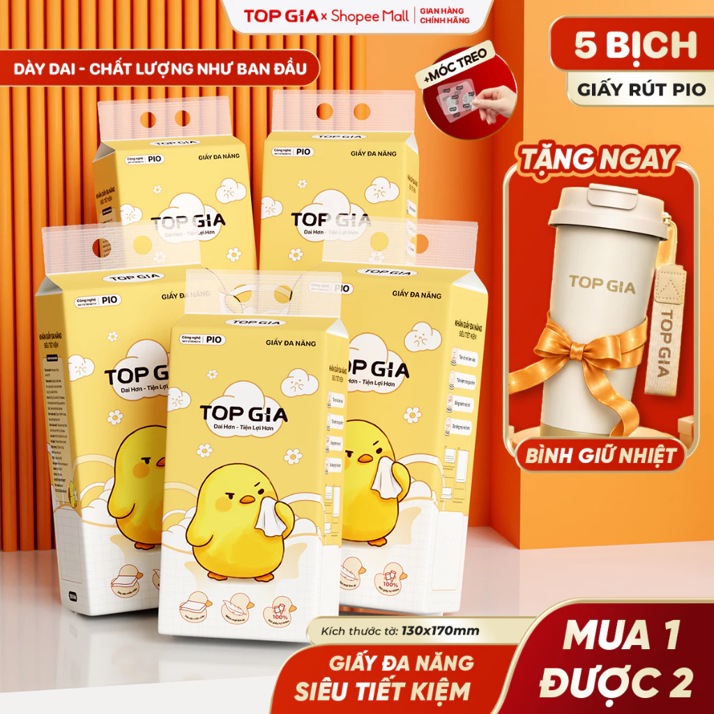 [TẶNG BÌNH GIỮ NHIỆT] Khăn Giấy Pio TopGia Đa Năng Thùng 5 Bịch, Siêu Dai Mềm Mịn 200 Lần Rút