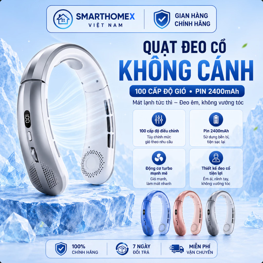 QUẠT ĐEO CỔ 8 LỖ LÀM MÁT TURBO AR 100 CẤP ĐỘ GIÓ – PIN 2400mAh THẾ HỆ MỚI 2026