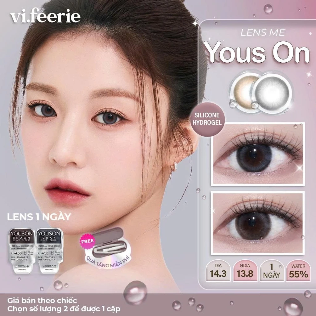 (LENSME) Kính áp tròng (lens) tự nhiên trong trẻo giãn tròng 1 ngày YOUSON BROWN/ GRAY Lens-  Vi Feerie Lens