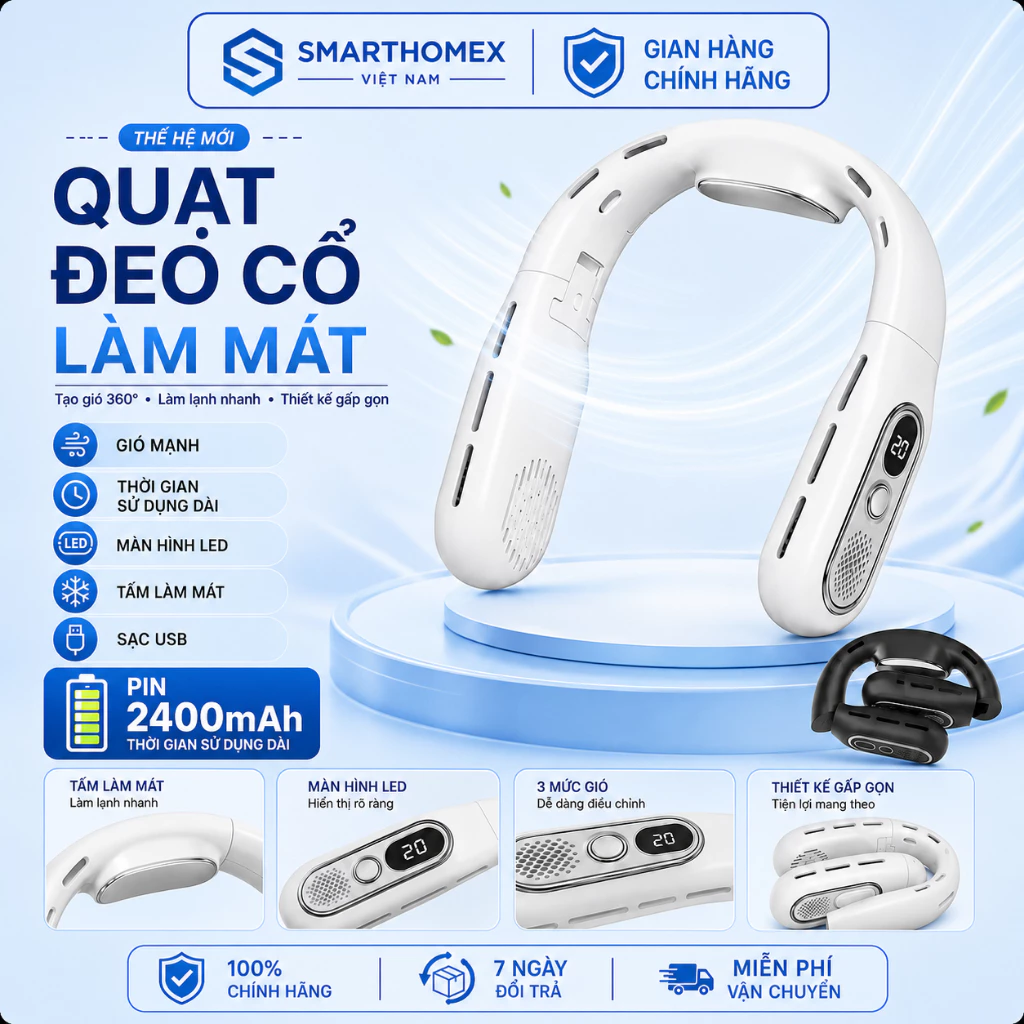 QUẠT ĐEO CỔ THẾ HỆ MỚI 2026 GẤP GỌN ĐA NĂNG – SÒ LẠNH LÀM MÁT TỨC THÌ – PIN 2400MAH