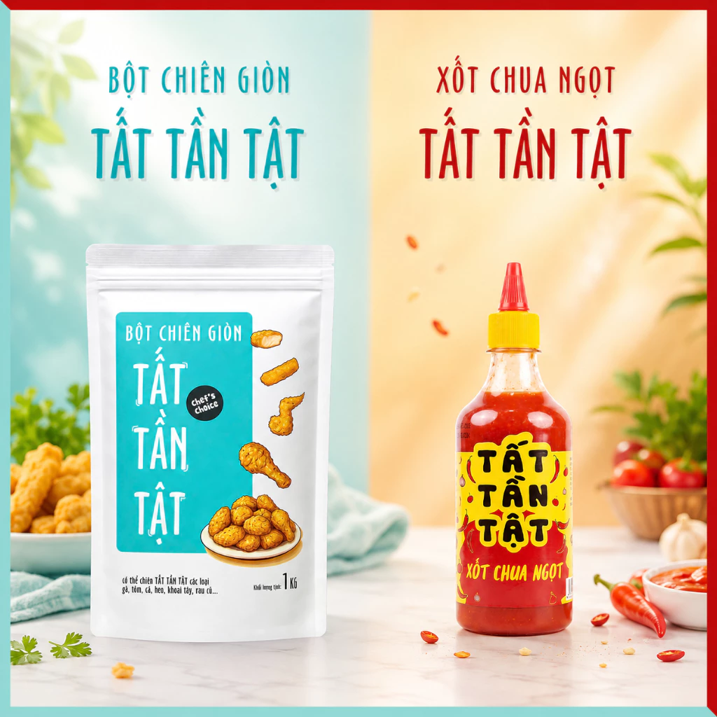Combo 1kg Bột chiên giòn TẤT TẦN TẬT + 500gr Xốt chua ngọt TẤT TẦN TẬT - Chiên đa năng giòn rụm / Chấm đa năng các món