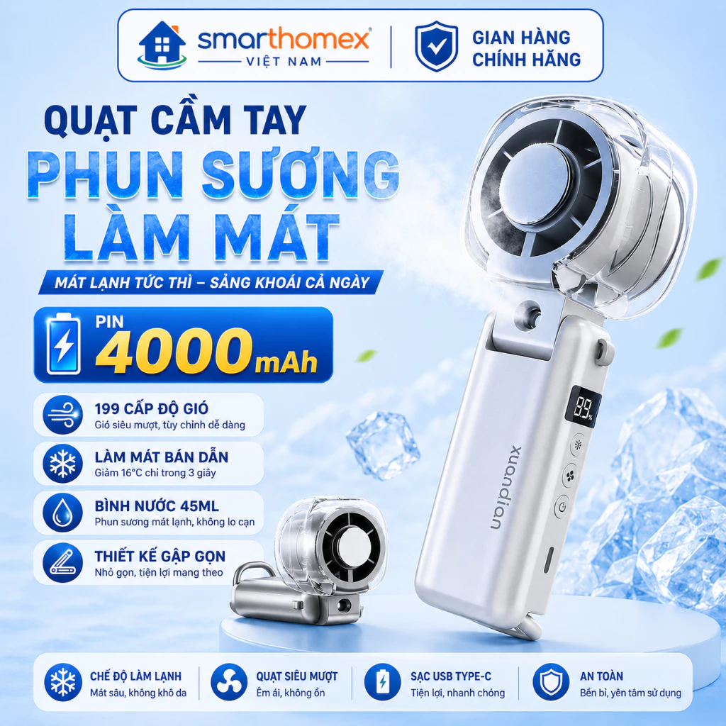 QUẠT CẦM TAY 3IN1 SÒ LẠNH PHUN SƯƠNG 2026 – PIN 4000mAh