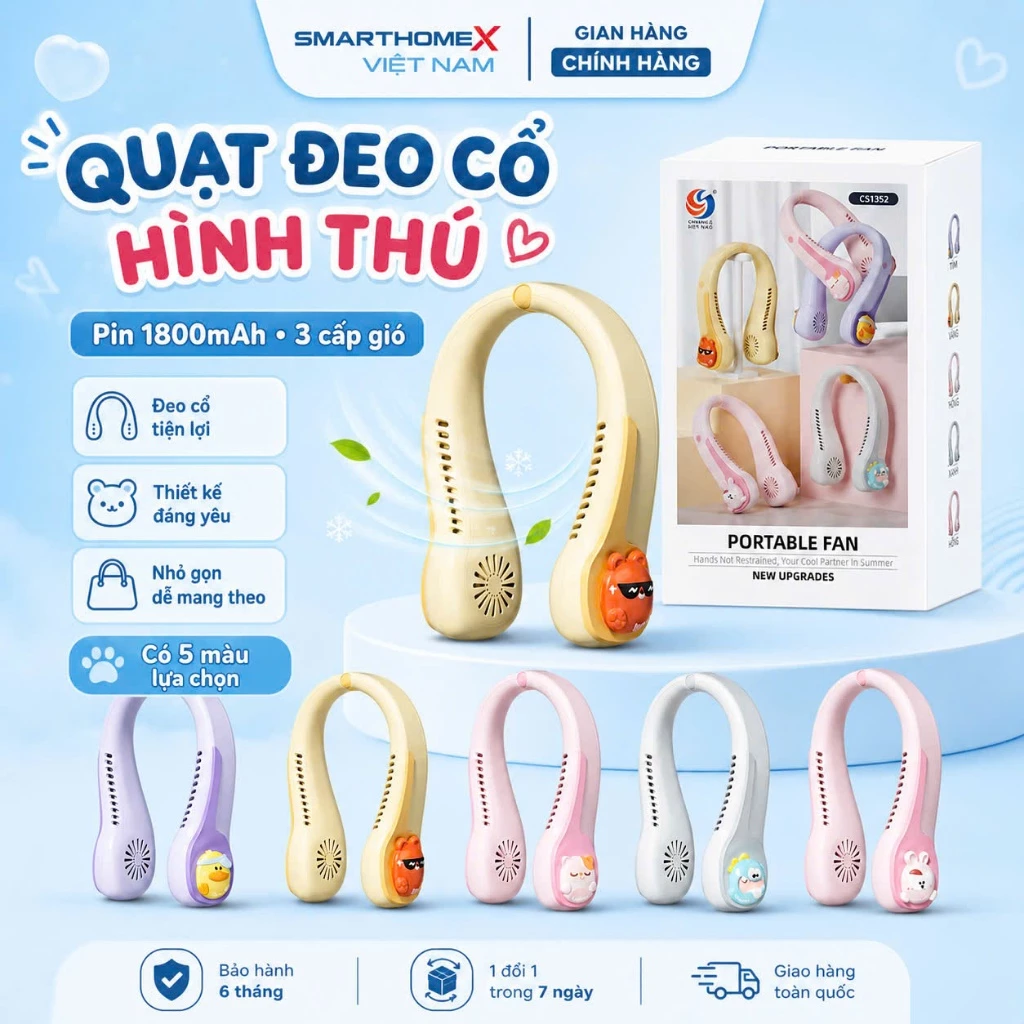 Quạt Đeo Cổ Mini 3 Cấp Độ Gió, Hình Thú Dễ Thương, Pin Trâu 1800mAh, Quạt Sạc USB Tiện Lợi Mùa Hè  4.0  6 đánh giá Đã bá
