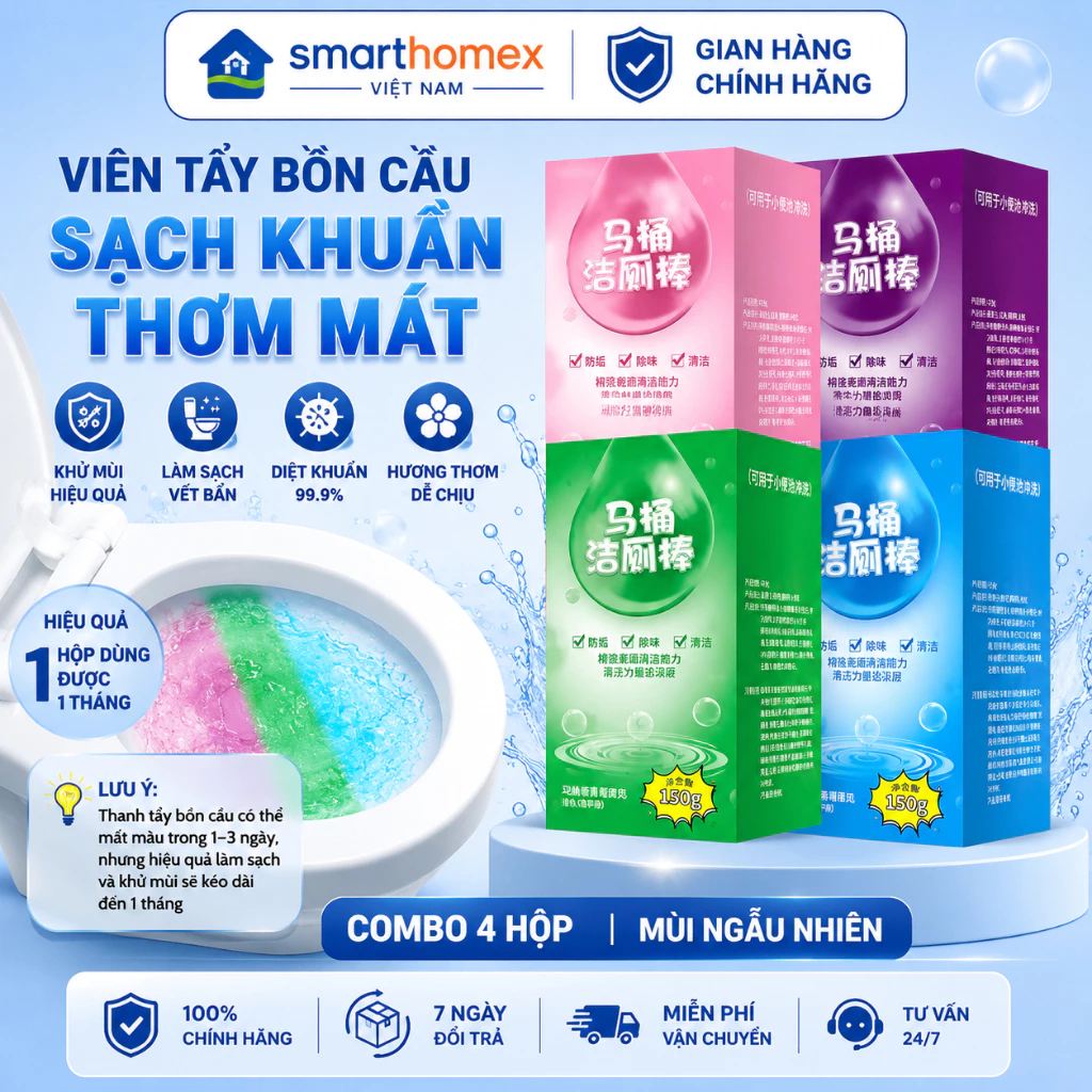 Set 4 Hộp Thả Bồn Cầu, Viên Tẩy Bồn Cầu Khử Mùi Hôi Diệt Vi Khuẩn 1tuần An Toàn Không Độc Hại