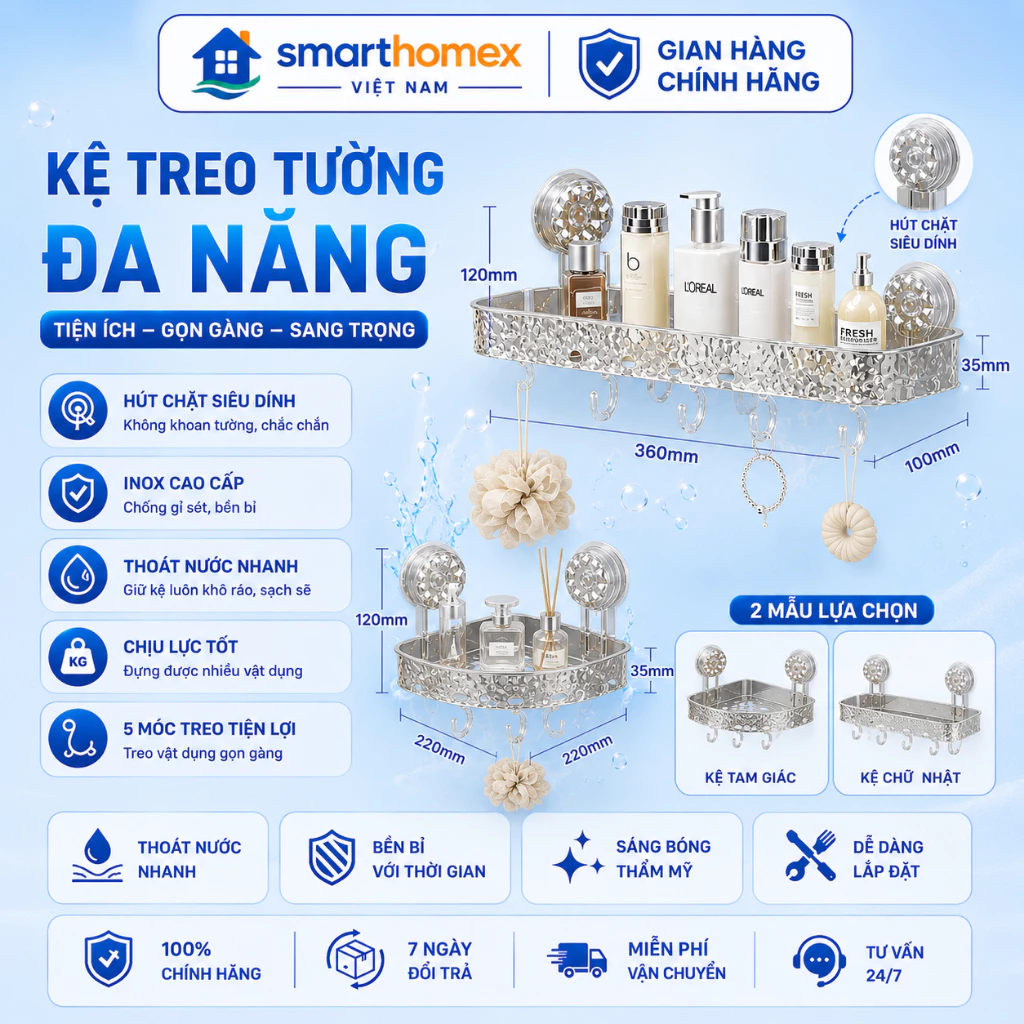 Kệ Nhà Tắm Hít Tường Chữ Nhật-Tam Giác, Gắn Tường Chắc Chắn, Không Khoan, Chống Thấm Nước