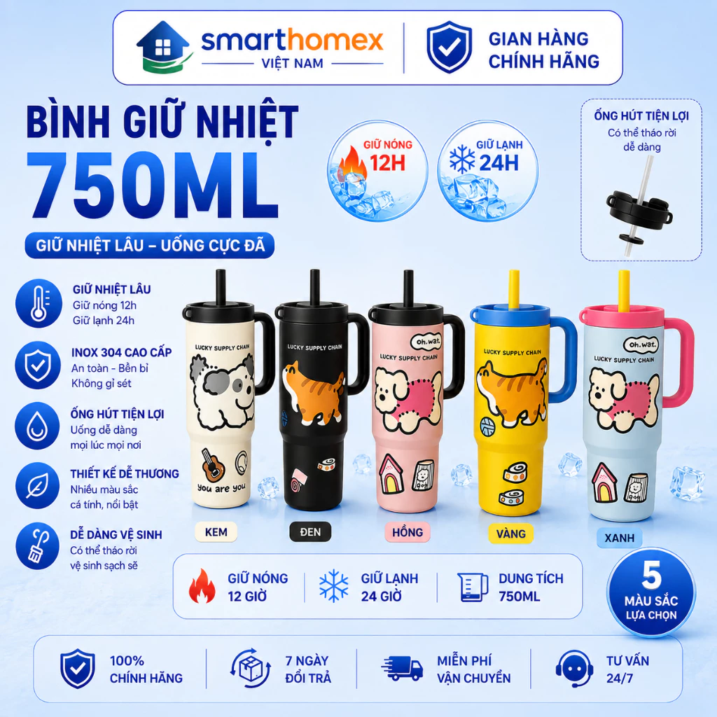 Bình Giữ Nhiệt Cao Cấp Inox 316 Có Tay Cầm Dung Tích 750ml, Giữ Nóng Lạnh Lâu