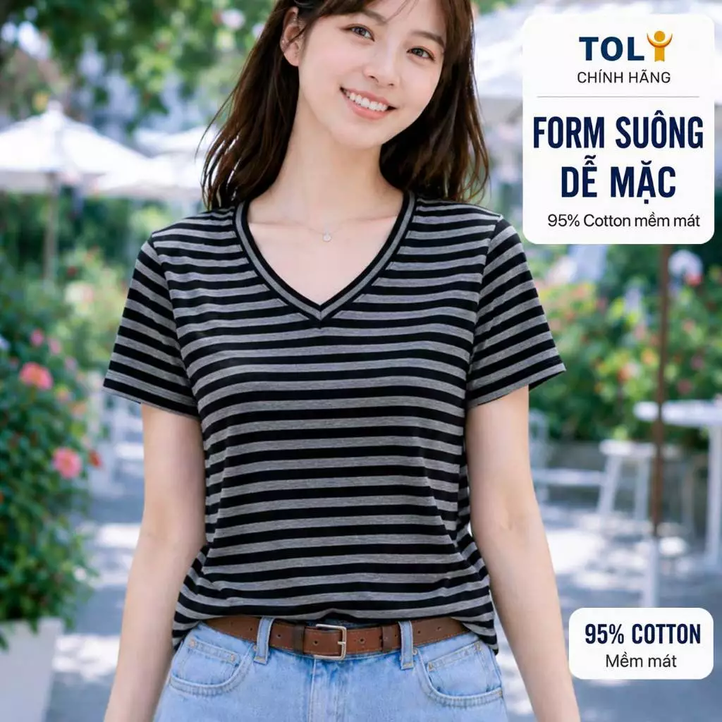 Áo thun nữ sọc ngang cổ tim TOLI BSV18 – Cotton mềm, form suông gọn dáng, dễ phối mặc mỗi ngày