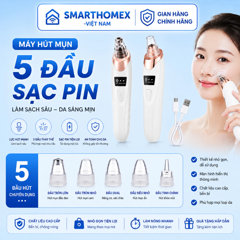 Máy Hút Mụn Cầm Tay 5 Đầu Hút Mạnh, Hút Mụn Cám, Bã Nhờn, Giảm Mụn Hiệu Quả