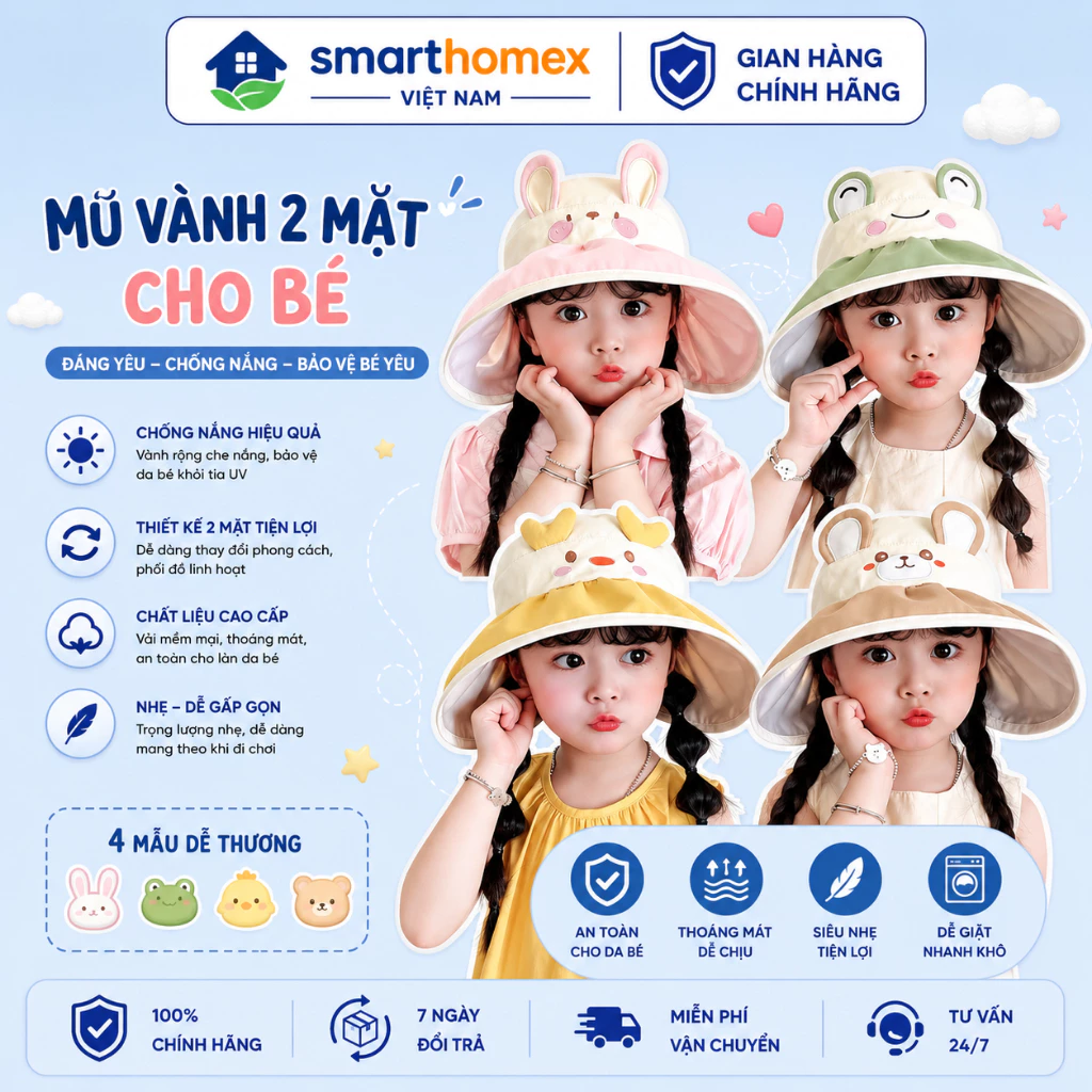 Mũ vành rộng che nắng cho bé, bảo vệ da bé dưới ánh nắng mặt trời, chống tia UV cực tốt