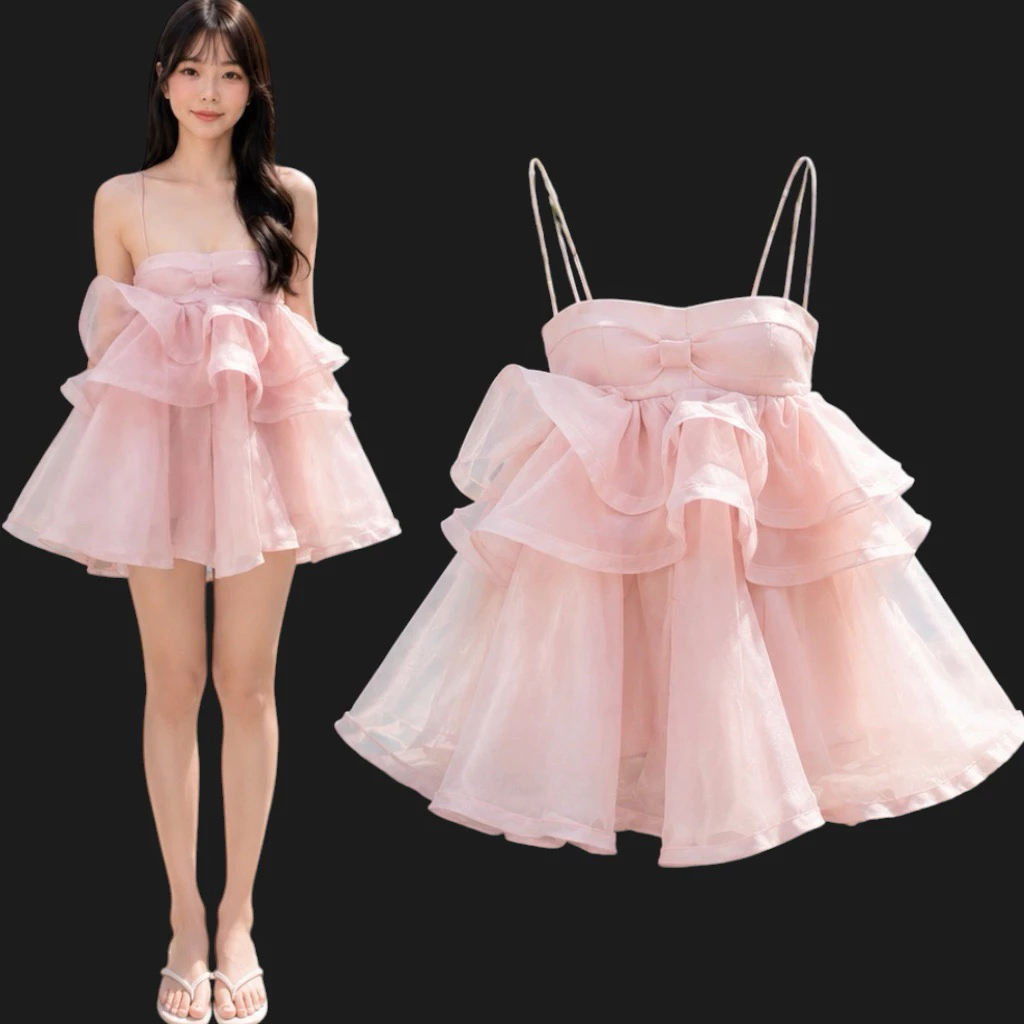 681 - Đầm Hai Dây Babydoll Xoè Bồng Đính Nơ Ngực Cao Cấp