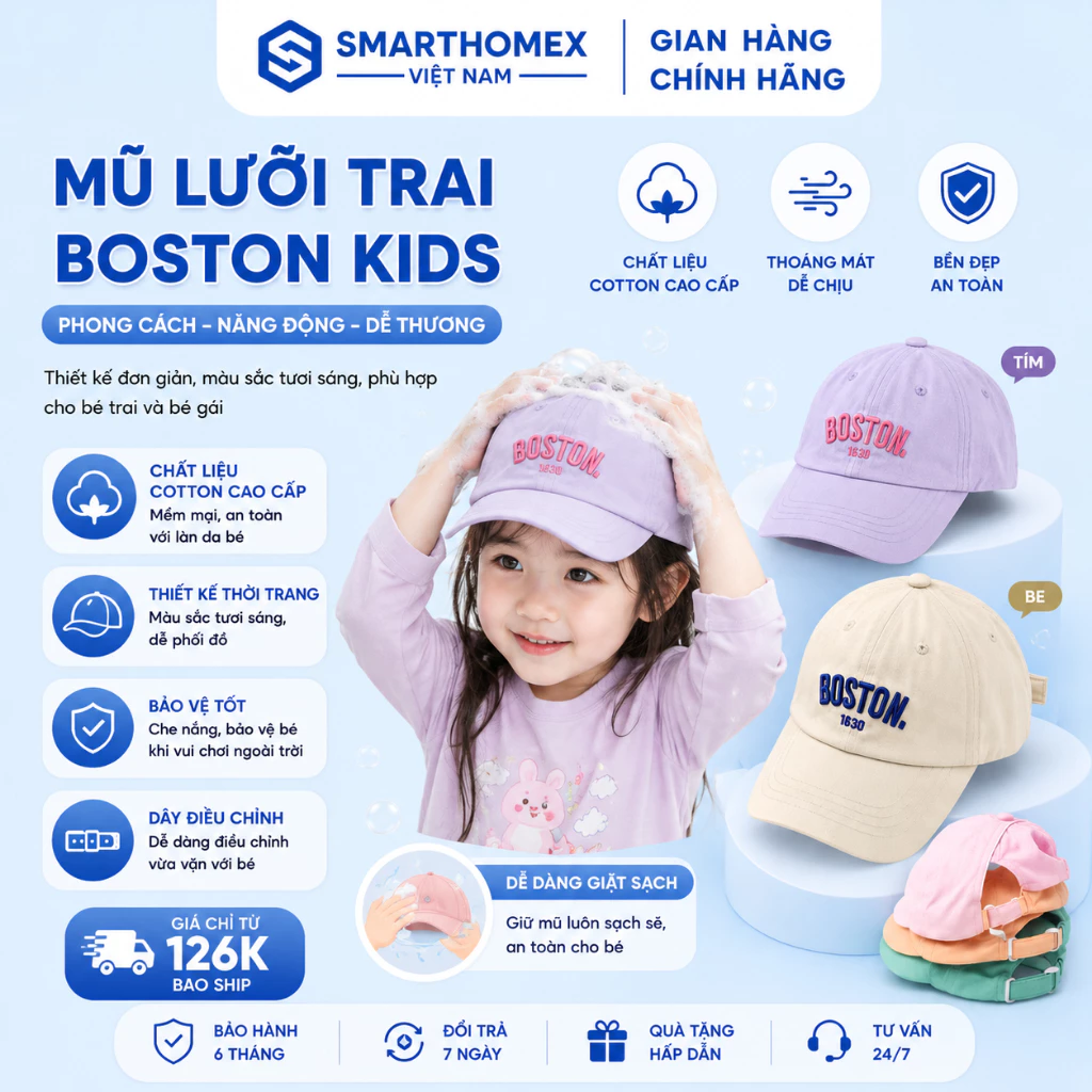 Mũ lưỡi trai cho bé, kiểu dáng và thêu chữ hottrend, chất kaki mềm thoáng mát dành cho bé