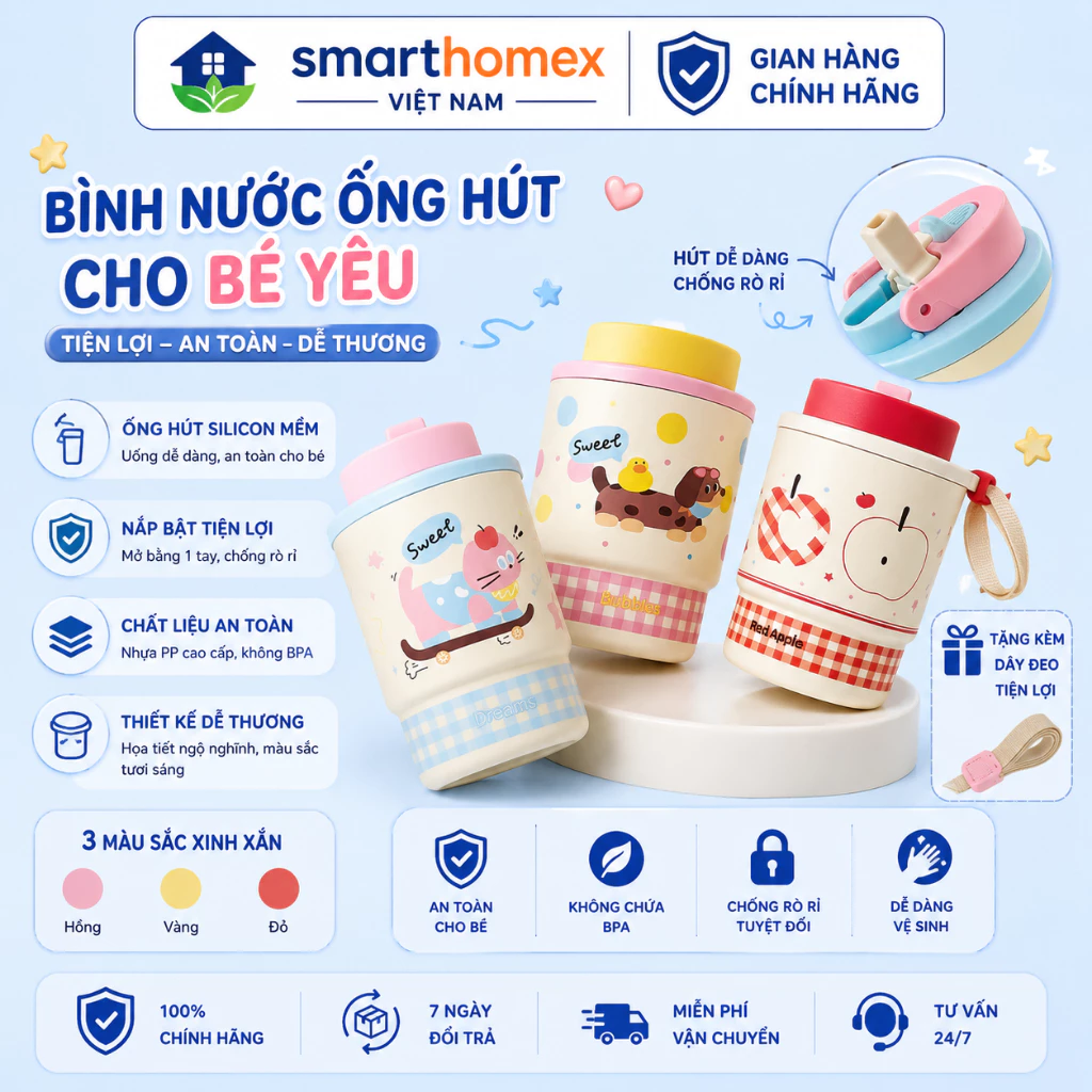 Cốc Giữ Nhiệt 2 Đầu Uống 450ml Tiện Lợi, Có Tay Cầm, Chống Tràn - Họa Tiết Hoạt Hình Hot Trend