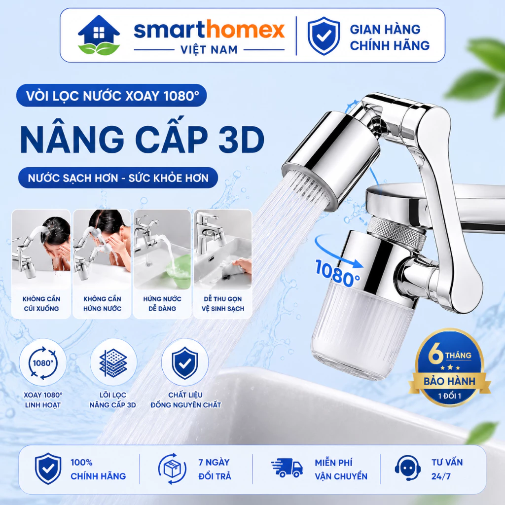 Đầu Lọc Nước Tại Vòi Bồn Rửa Mặt  Đồng thau cao cấp Tăng áp mạnh mẽ Tay xoay 3 chiều 720° 2 chế độ phun có lõi lọc bẩn