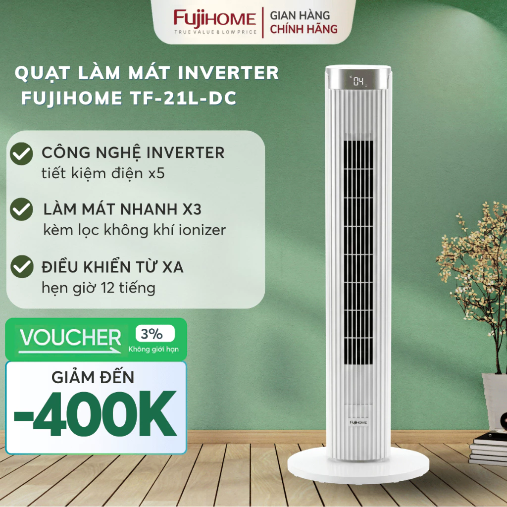 Quạt tháp điều khiển cảm ứng TF-21L-DC-W gió êm Nhập Khẩu FUJIHOME, quạt không cánh tiết kiệm điện