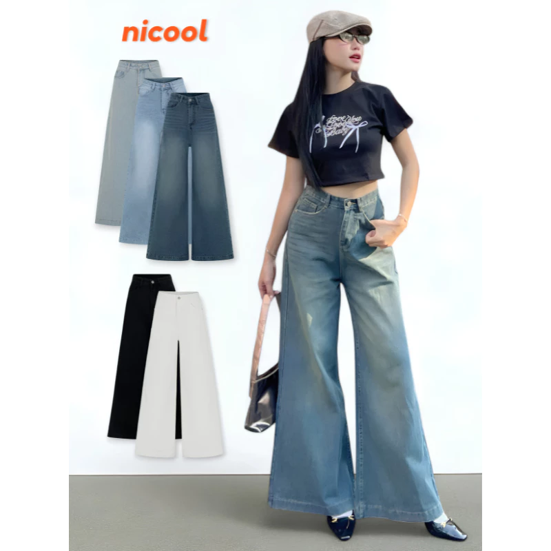 Quần jeans nữ NICOOL, quần bò nữ dáng suông dài ống loe rộng lưng cao tôn dáng N41-Q48