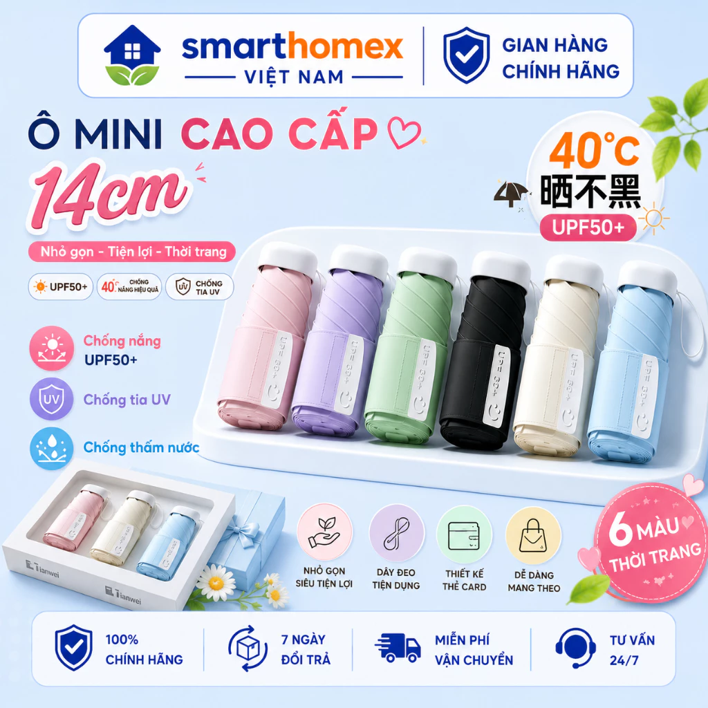 Ô Gấp Gọn Mini Chống UV UPF50 Che Mưa Che Nắng Bỏ Túi Siêu Nhỏ Gọn 14CM , Tiện Lợi