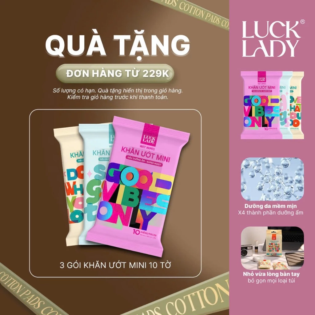 [Quà tặng 229K] Combo 3 gói khăn ướt mini 10 tờ Luck Lady