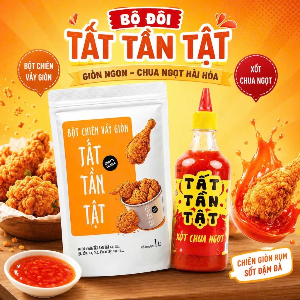 Combo 1kg Bột chiên vẩy giòn TẤT TẦN TẬT + 500gr Xốt chua ngọt TẤT TẦN TẬT - Chiên giòn rụm/ Chấm đa năng