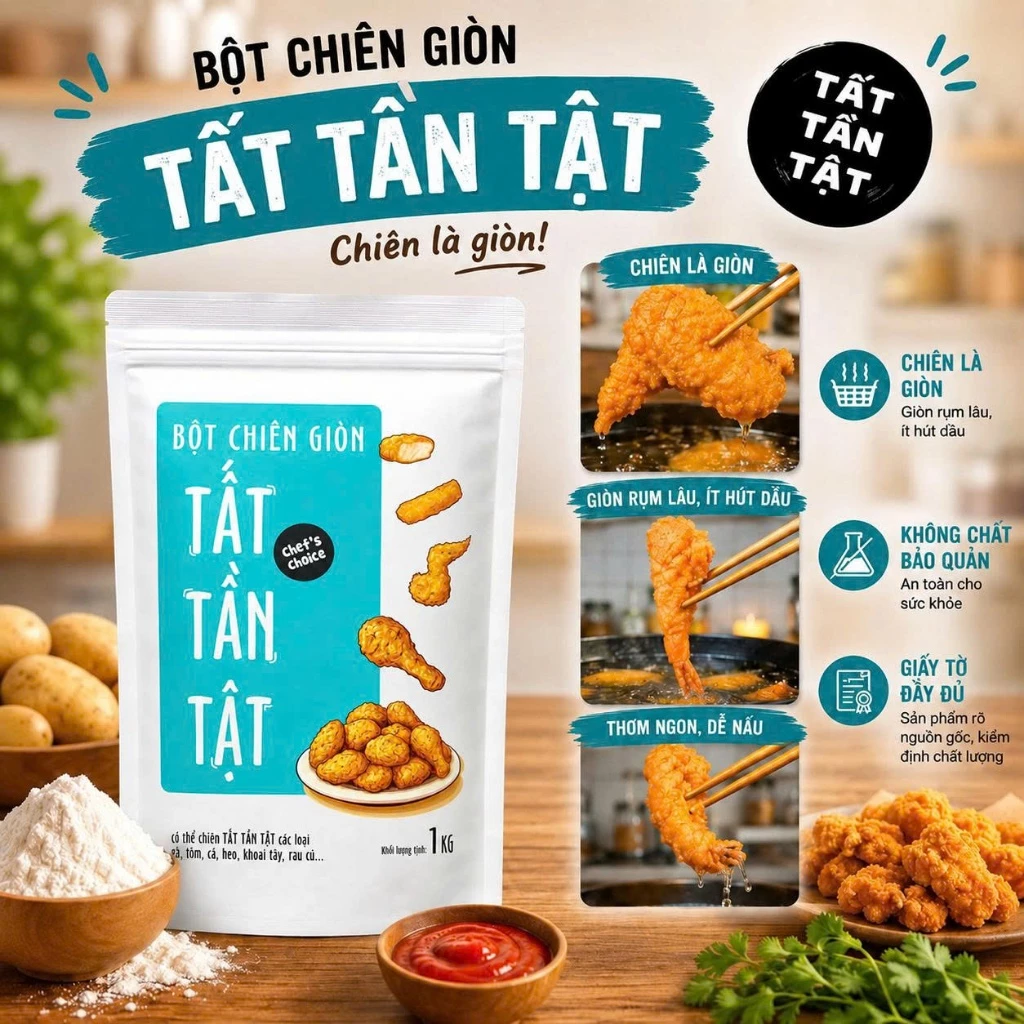 Bột chiên giòn TẤT TẦN TẬT - Chiên đa năng giòn rụm tất cả mọi loại thực phẩm - Nguyên liệu tự nhiên KHÔNG chất bảo quản