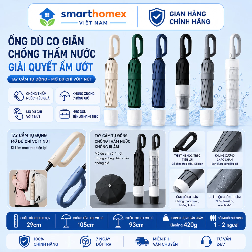 Ô Dù Bấm Tự Động 10Nan Kép Chống UV50+, Đóng Mở Nhanh, Thiết Kế Công Thái Học | Móc Khoá Giữ Tay Cầm