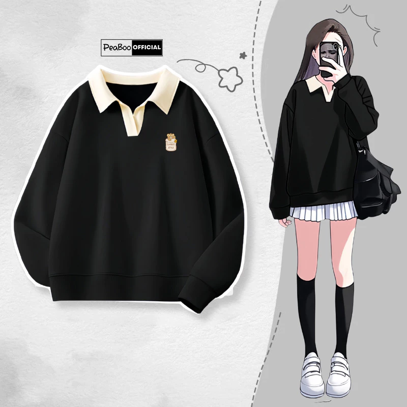 Áo Sweater Cổ V Nỉ 2 Da By PEABOO BST16 Notes Heart Dáng Unisex Form Rộng Cho Nam Nữ