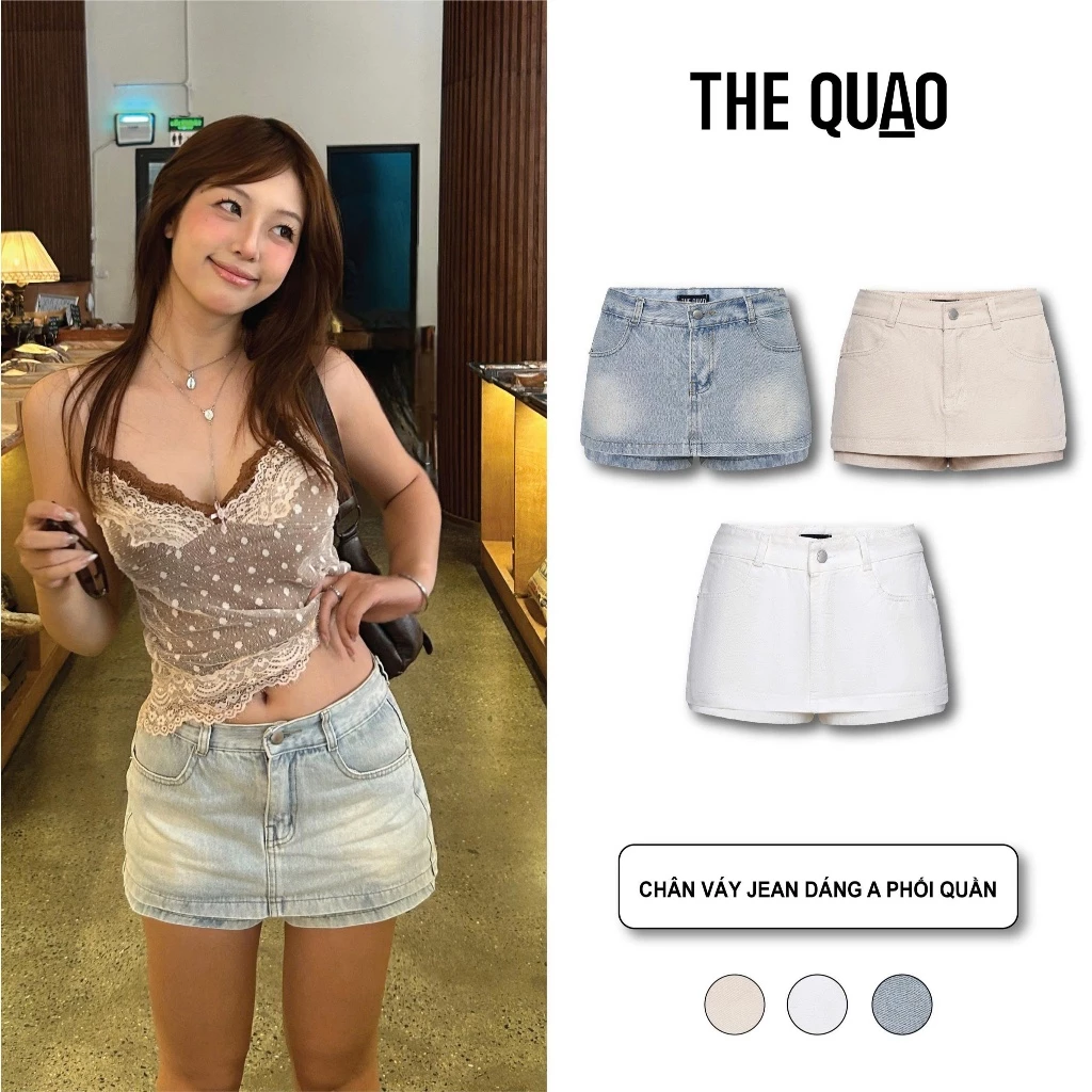 THE QUẠO - Chân váy jeans nữ lưng cao dáng A phối quần N1604_751