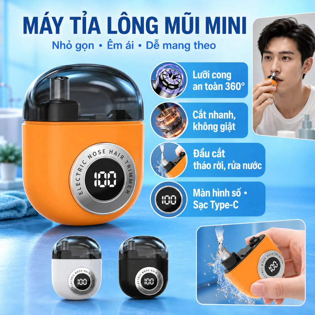 Máy Tỉa Lông Mũi Mini, Sạc Type-C, Màn Hình Số, Đầu Dao 360°, Dễ Vệ Sinh, Đầu Dao Bo Tròn An Toàn, Cắt Nhanh