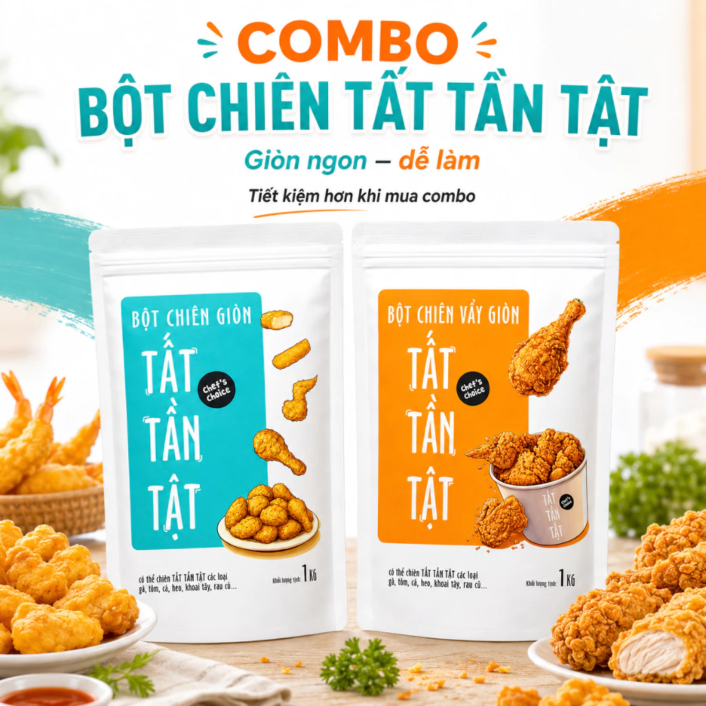Combo 1kg Bột chiên giòn TẤT TẦN TẬT + 1kg Bột chiên vẩy giòn TẤT TẦN TẬT - Chiên đa năng giòn rụm