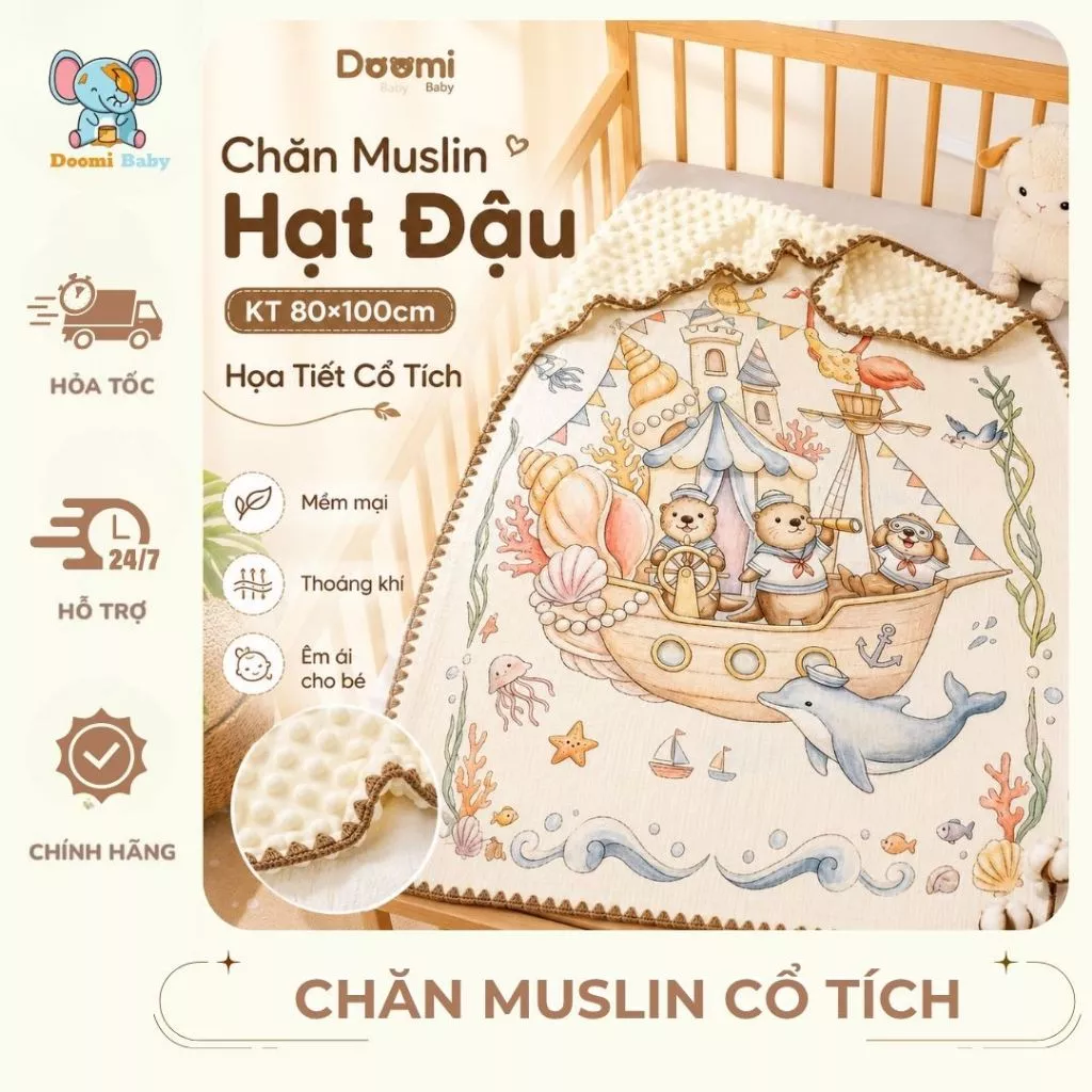 Chăn Muslin Hạt Đậu 80×100cm Họa Tiết Cổ Tích, 4 LớpThoáng Mát, Dịu Êm, Doomi Baby - HT859