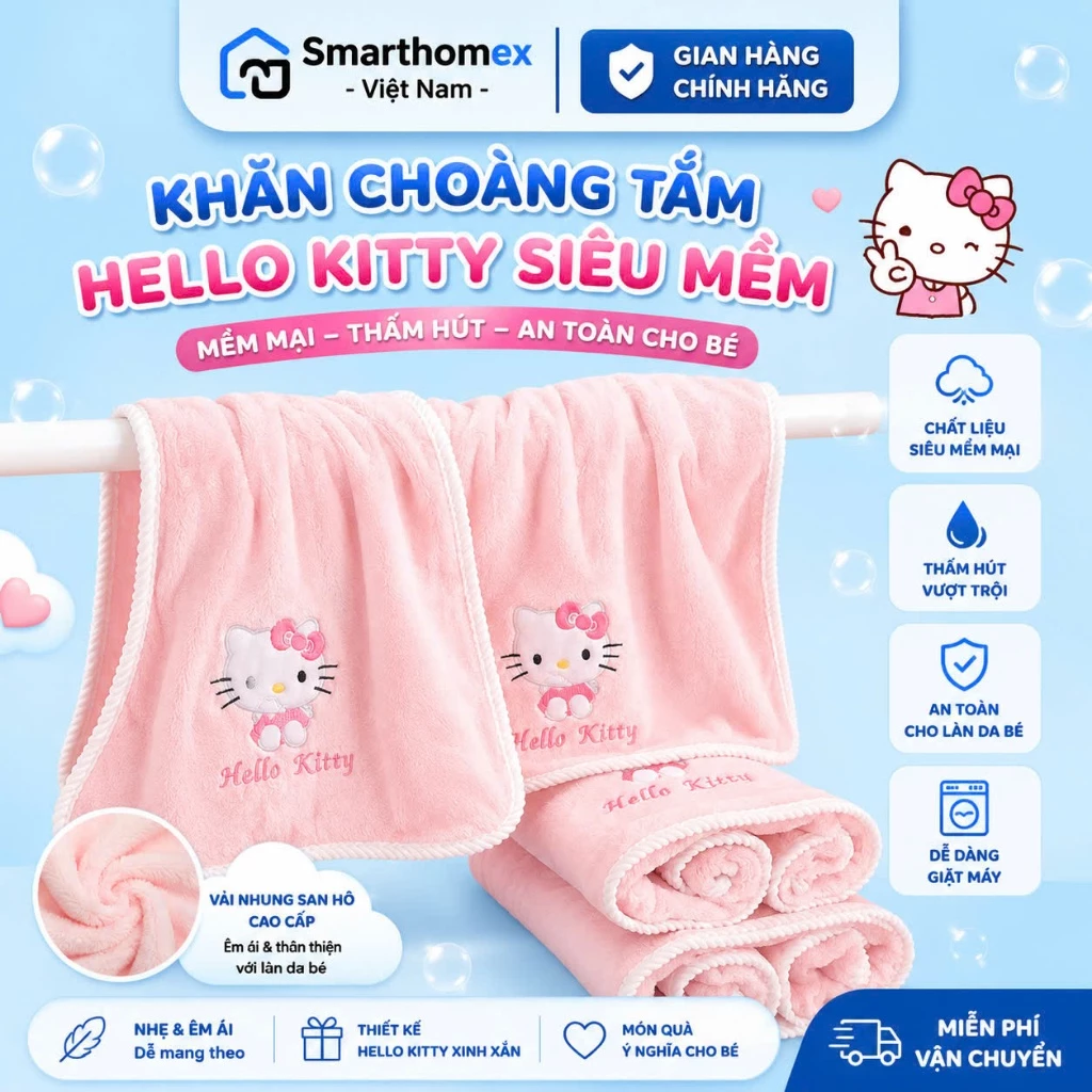 Combo 2 Khăn Tắm & Khăn Mặt Gấu Losto Hello Kitty Labubu Cute Hottrend, Thấm Hút Tốt, Mềm Mịn Dễ Giặt