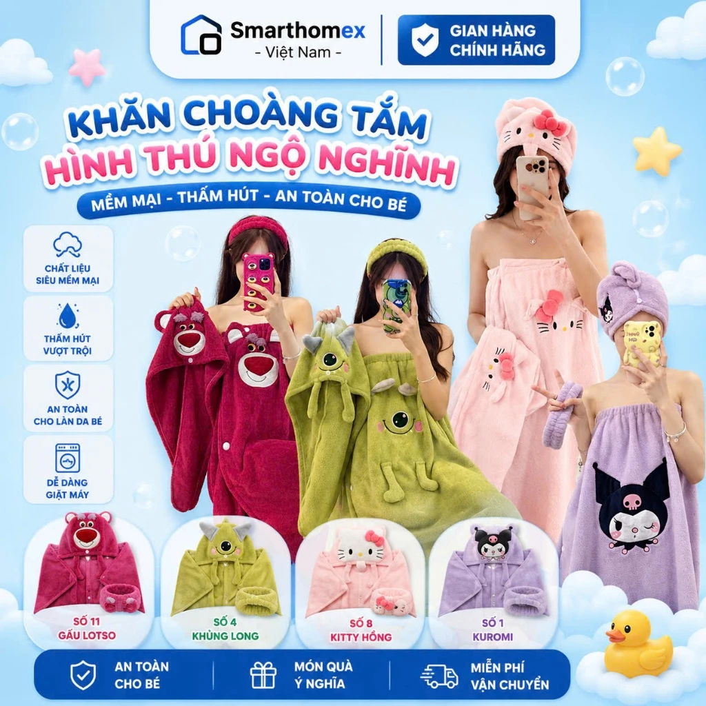 Bộ 3 Khăn Tắm Nữ Dạng Váy Choàng Người, Khăn Ủ Tóc & Băng Đô, Mềm Mịn Thấm Hút Tốt, Dùng Spa Tắm Gội Tiện Lợi