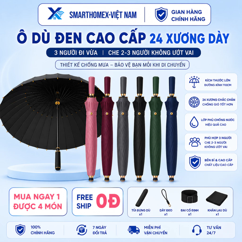 Ô Dù Tự Động Cán Dài 24 Nan Thép Siêu Bền | Đường Kính 115cm | Chống Nắng UV+50, Chống Mưa Bão Cực Tốt