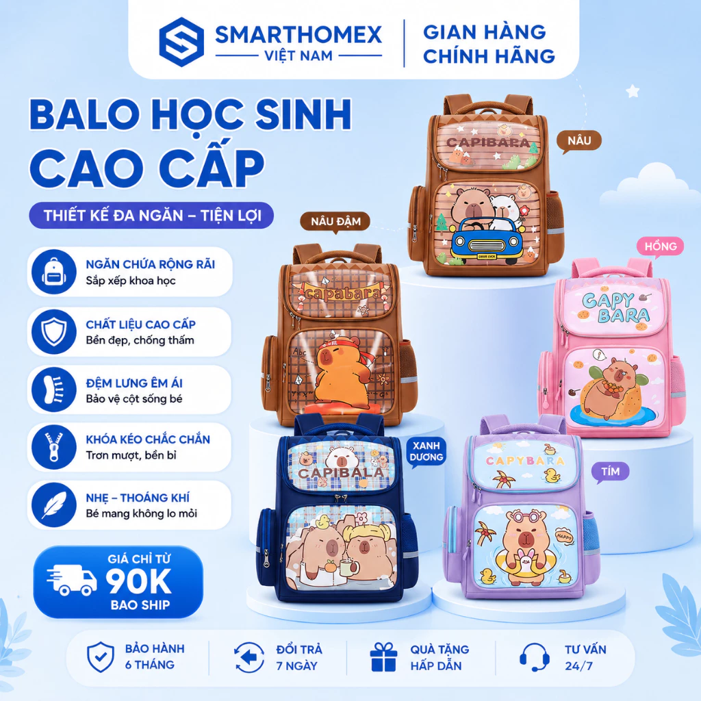 Cặp sách CAPYBARA chống gù Balo đi học đi chơi cho học sinh Cặp sách chống nước Hoạ tiết đáng yêu