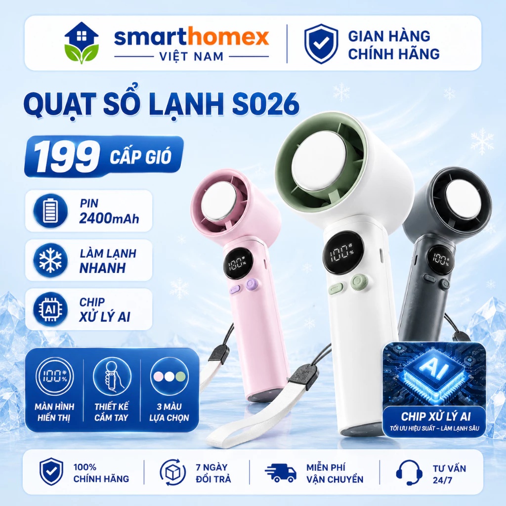 Quạt Cầm Tay Sò Lạnh S-026 Thế Hệ Mới 2026 - 199 Cấp Độ Gió, Pin 2400mAh, Làm Lạnh Siêu Tốc 5s, Chip AI Bảo Vệ Thông Min