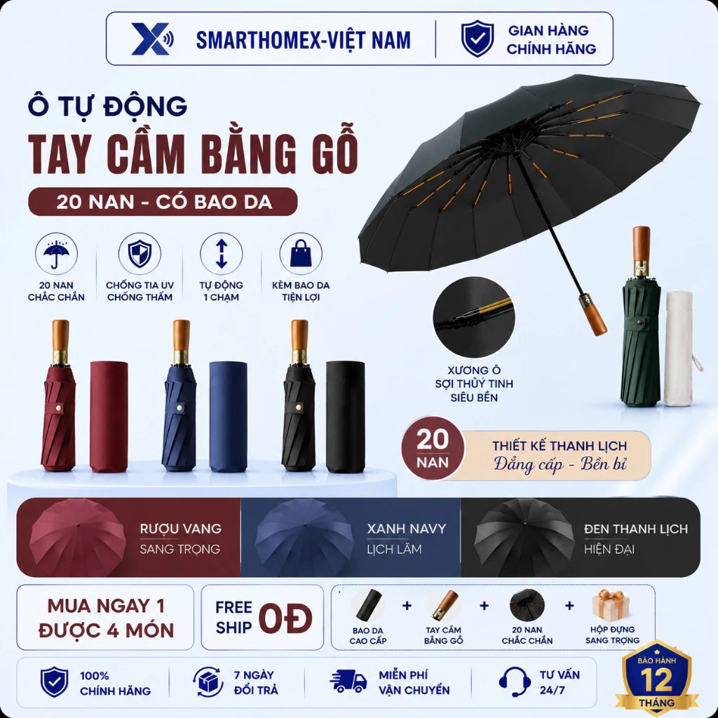 🌧️ Ô Dù Bấm Tự Động Tay Cầm Gỗ 10 Nan Kép Chống Bão – Tặng Kèm Bao Da Cao Cấp
